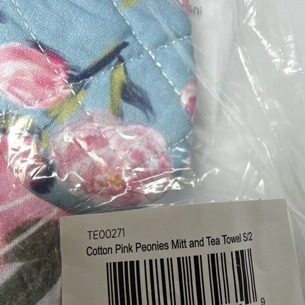 Transpac Home & Gift Cotton Pink Peonies Oven Mitt & Tea Towel Set 2 TE00271